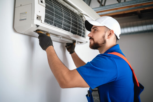 HVAC technician installing a mini split air conditioner in Louisville