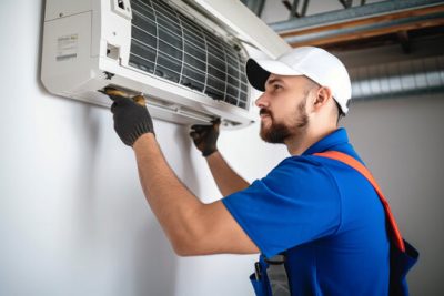360_F_621046421_Vcay4nYa8ozdeodOQVDfES6MRrC6N3b8 Air conditioning technician servicing a wall-mounted AC unit in Louisville, CO