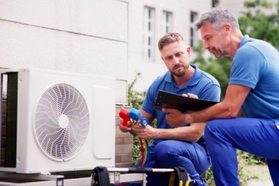 ac-installation-in-claremont-ca HVAC technicians reviewing an outdoor air conditioning unit in Louisville, CO